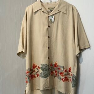 Tropical Beige Button-Down Shirt with Red and Green Leaf Design
